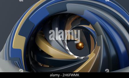 Conception 3D numérique fractale.Résumé forme fractale d'un vortex spirale bleu or brun tourbillonnant autour de la sphère dorée levante. Banque D'Images