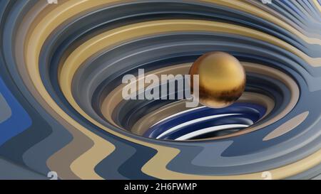 Conception 3D numérique fractale.Résumé forme fractale d'un vortex spirale bleu or brun tourbillonnant autour de la sphère dorée levante. Banque D'Images