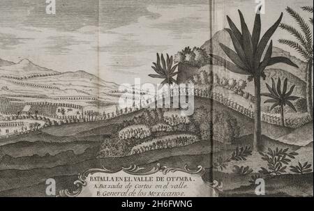 Bataille d'Otumba (7 juillet 7, 1520).Confrontation entre l'armée des Aztèques et les troupes espagnoles dirigées par Hernán Cortés.Détail d'une gravure représentant les forces de Cortés descendant dans la vallée où le général Aztec a été positionné (plaine de la vallée d'Otumba).'Historia de la Conquista de México, población, y progresos de la América septentrional, conocida por el nombre de Nueva España' (Histoire de la conquête du Mexique, population, et progrès de l'Amérique du Nord, connu sous le nom de Nouvelle Espagne).Ecrit par Antonio de Solís y Rivadeneryra (1610-1686), chroniqueur des Indes.Volume Banque D'Images