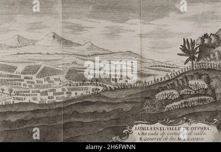 Bataille d'Otumba (7 juillet 7, 1520).Confrontation entre l'armée des Aztèques et les troupes espagnoles dirigées par Hernán Cortés.Détail d'une gravure représentant les forces de Cortés descendant dans la vallée où le général Aztec a été positionné (plaine de la vallée d'Otumba).'Historia de la Conquista de México, población, y progresos de la América septentrional, conocida por el nombre de Nueva España' (Histoire de la conquête du Mexique, population, et progrès de l'Amérique du Nord, connu sous le nom de Nouvelle Espagne).Ecrit par Antonio de Solís y Rivadeneryra (1610-1686), chroniqueur des Indes.Volume Banque D'Images