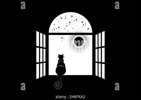 Chat noir assis sur la fenêtre regarder le ciel et le soleil, étoiles, illustration vectorielle sur fond noir Illustration de Vecteur