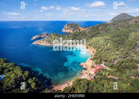 Vue aérienne de Cala Saladeta, îles d'Ibiza, Espagne Banque D'Images
