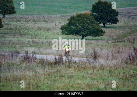 Un motard (motard) dans une veste jaune haute visibilité à bord de sa moto le long d'une piste de pierre sur Salisbury Plain, Wiltshire Banque D'Images