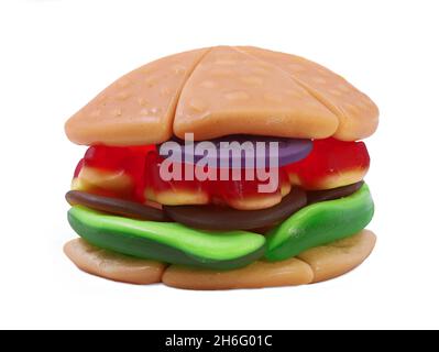 hamburger de bonbons gélifiés isolé sur fond blanc Banque D'Images