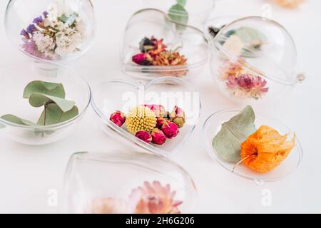 Décorations de bricolage remplies de fleurs séchées sur fond blanc avec espace vide pour le texte.Décoration de Noël.Vue de dessus, plan d'appartement. Banque D'Images