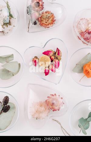 Décorations de bricolage remplies de fleurs séchées sur fond blanc avec espace vide pour le texte.Décoration de Noël.Vue de dessus, plan d'appartement. Banque D'Images