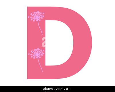Lettre D de l'alphabet avec silhouette de fleur rose sur fond rose foncé, la lettre est isolée sur fond blanc Banque D'Images