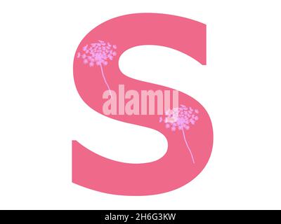 Lettre S de l'alphabet avec silhouette de fleur rose sur fond rose foncé, la lettre est isolée sur fond blanc Banque D'Images