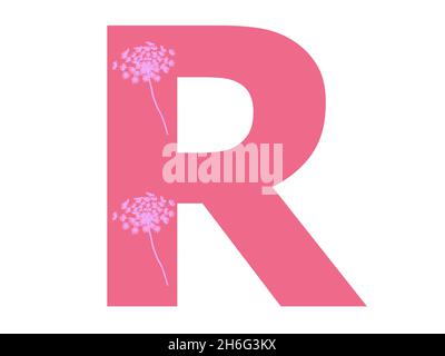 Lettre R de l'alphabet avec silhouette de fleur rose sur fond rose foncé, la lettre est isolée sur fond blanc Banque D'Images