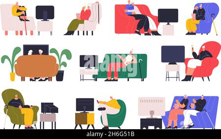 Personnes âgées regardant la télévision, vieux personnages reposant sur un canapé.Des personnes âgées regardant la télévision assis sur un ensemble d'illustrations vectorielles de canapé Illustration de Vecteur