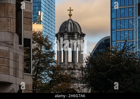 Haut de la tour à toutes les Halles-sur-le-mur église dans la ville de Londres, Angleterre, Royaume-Uni, Royaume-Uni Banque D'Images