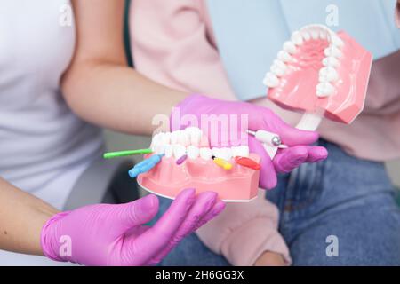 Un dentiste méconnaissable montre à sa patiente comment utiliser des brosses interdentaires sur le modèle des dents Banque D'Images
