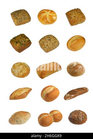 Ensemble de petits pains frais - produits de boulangerie allemands - isolé sur fond blanc Banque D'Images