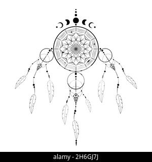 dreamcatcher détaillé avec ornement de mandala et phases de lune.Symbole mystique noir, art ethnique avec dessin de boho amérindien, vecteur isolé Illustration de Vecteur