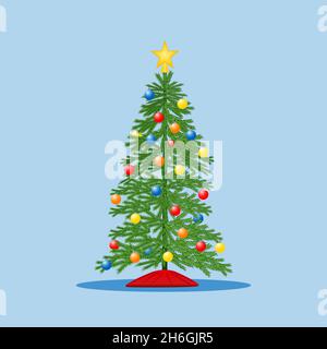 Arbre de Noël avec des ornements de boules colorés avec un fond bleu - Illustration Banque D'Images