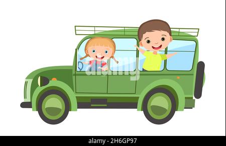 Voiture tout-terrain de tourisme.Les enfants s'amusent dans une voiture verte.Véhicule jouet.Safari avec un moteur.Belle voiture de tourisme.Tout-terrain.Isolé sur fond blanc Illustration de Vecteur