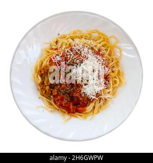 Spaghetti bolognaise au parmesan râpé et aux herbes aromatiques séchées Banque D'Images