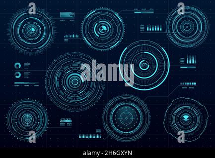 Interface utilisateur numérique HUD circulaire futuriste, éléments vectoriels de tableau de bord d'écran de données du jeu Sci Fi ou affichage tête haute vr.Cercles hologrammes de haute technologie avec Illustration de Vecteur