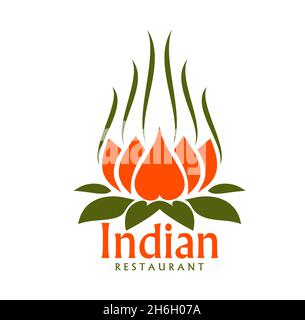 Icône de restaurant indien avec fleur de lotus vectorielle.Restaurant de cuisine indienne, café ou bar ethnique, symbole de menu de bistro végétarien ou de cafétéria.S isolés Illustration de Vecteur