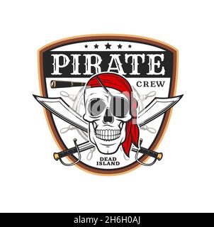 Icône en forme de crâne pirate avec épées et gouvernail de bateau, emblème buccaneer et corsair Saiers Vector.Crâne de roger Merry en bandanna rouge et patch pour les yeux avec croix Illustration de Vecteur