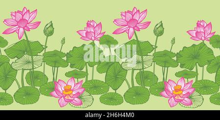 Fleurs tropicales de lotus vert vectoriel et eau de feuilles illustration lys sans couture bordure horizontale arrière-plan.Convient aux cartes de vœux et à la murale Illustration de Vecteur