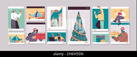 définissez mix race personnes dans les fenêtres de navigateur web célébrant le nouvel an noël pendant l'auto-isolation d'appel vidéo Illustration de Vecteur
