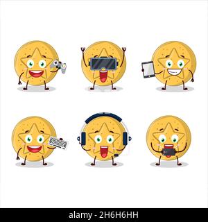 Dalgona bonbon star personnage de dessin animé jouent à des jeux avec divers émoticônes mignons.Illustration vectorielle Illustration de Vecteur