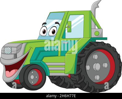 Personnage de mascotte tracteur vert drôle de dessin animé Illustration de Vecteur