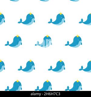 Le motif est un bon bleu baleine dans des couleurs délicates de bleu.Une baleine avec une couronne dorée.Fier et doux.Illustration vectorielle. Illustration de Vecteur