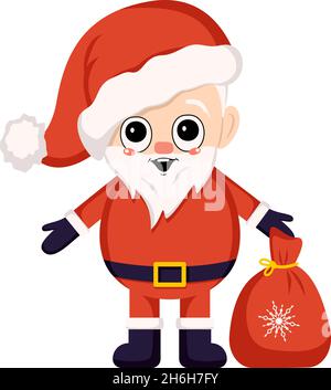 Père Noël en costume et chapeau avec sac de cadeaux.Symbole du nouvel an et de Noël.Un personnage mignon avec des émotions et un sourire heureux Illustration de Vecteur