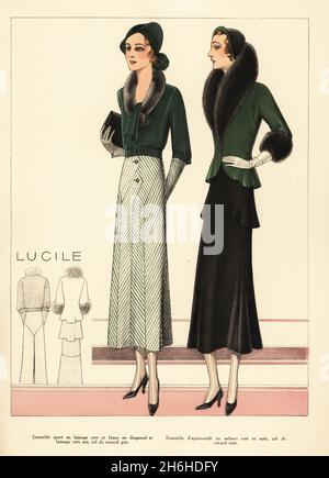 Femme en tenue de sport avec jupe diagonale verte et blanche, veste en laine verte unie avec col de renard gris.Costume de l'après-midi en velours vert et noir, col de renard noir.Marcel WAVE bob coiffures.Mode par Lucile, maison fondée par Lucy Christiana, Lady Duff-Gordon.Lithographie pochoeur de couleur main de la Grande Couture, créations pour la femme Mondaine, atelier Bachwitz, éditeur du chic parisien, Vienne, septembre 1931. Banque D'Images