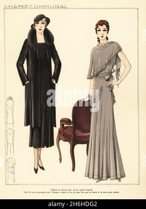 Femme en costume de velours noir avec col de renard argenté.Femme en robe de soirée en georgette grise.Écharpe, volants et ourlet de jupe de style ancien.Marcel WAVE bob coiffures.Dessins de mode par Elspeth Champcommunal.Lithographie pochoeur de couleur main de la Grande Couture, créations pour la femme Mondaine, atelier Bachwitz, éditeur du chic parisien, Vienne, septembre 1931. Banque D'Images