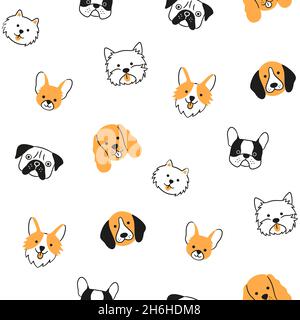 Motif sans couture avec têtes de chiens de différentes races. Corgi, Pug, Chihuahua, Terrier, Husky, Poméranie. Illustration de Vecteur