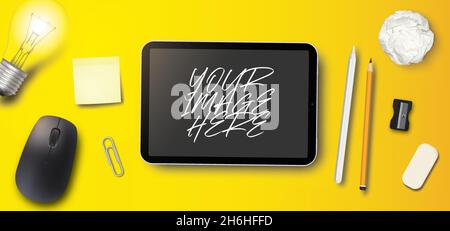 Espace de travail maquette de bureau, conception réaliste, sur fond jaune, au format vectoriel Illustration de Vecteur