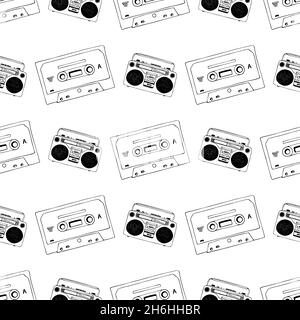 Cassette dessinée à la main, mixtape et lecteur de disques rétro vintage motif sans couture, dessin animé noir et blanc fond de doodle pour la technologie musicale ou le concept d'équipement audio. Illustration de Vecteur