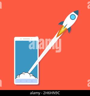 Lancez le concept d'application sur le smartphone en rouge. Banque D'Images
