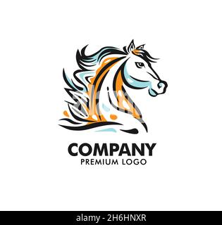 illustration vectorielle colorée du logo de la tête de cheval.Portrait coloré décoratif de contour de beau cheval avec longue mène Illustration de Vecteur
