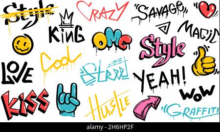 Éléments abstraits de texte de graffiti de rue avec polices de grunge.Peinture aérosol sauvage urbaine. Cool Teenage graffiti dessin animé ensemble vectoriel Illustration de Vecteur