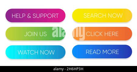 Ensemble de boutons de style de matériau moderne.Différents dégradés et icônes sur les formes blanches avec ombres. Banque D'Images