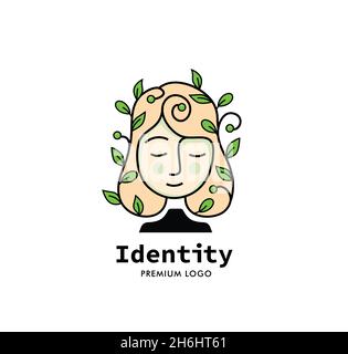 Logo de beauté Vector, femme avec fleurs et feuilles dans les cheveux.Éléments de design pour salon de beauté massage spa cosmétiques de soins naturels. Illustration de Vecteur