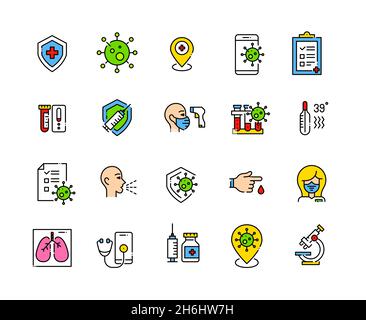 La protection du coronavirus, les tests, l'antigène rapide, le vaccin, la recherche en laboratoire et les symptômes vérifient les icônes colorées.Pixel parfait, contour modifiable Illustration de Vecteur