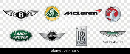 Kiev, Ukraine - 15 novembre 2020: Collection de logos de voitures britanniques imprimés sur transparent: mclaren, mini, Rolls Roys, bentley, aston martin Illustration de Vecteur