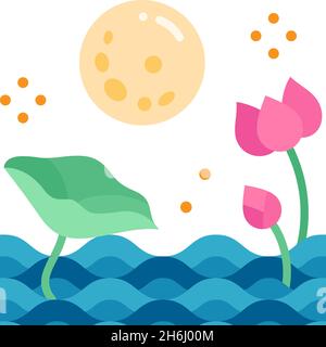 Scène d'illustration pleine lune et fleur de lotus et vecteur de feuilles pour le festival Celebrate Loi Krathong.Lai Krathong est un baske thaïlandais à la décoration flottante Illustration de Vecteur