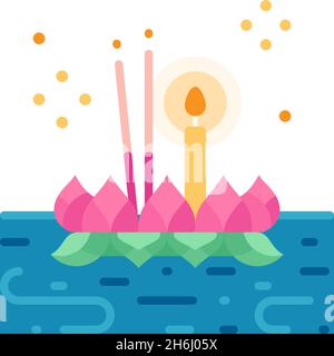Loi Krathong festival plat icône vecteur illustration.Loi Krathong est un festival de la Thaïlande flottant décoré panier annuel pour respecter l'esprit de rivière Illustration de Vecteur