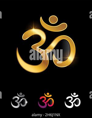 Ensemble d'illustrations vectorielles de symbole Golden Aum Om Vector Sign sur fond noir avec effet brillant doré pour le luxe et logo et signe royal Illustration de Vecteur
