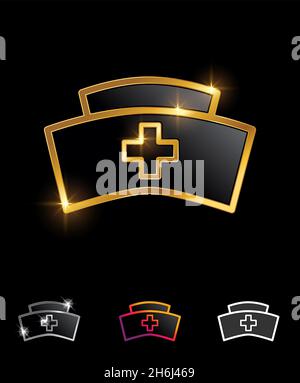 Un ensemble d'illustrations vectorielles de Golden Cross Nurse Hat Vector Sign in fond noir avec effet brillant or pour les services médicaux de luxe royal Illustration de Vecteur