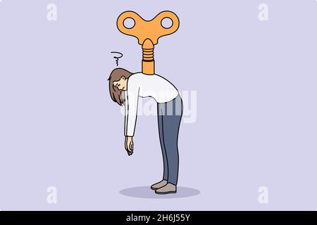 Manipulation de contrôle et concept de marionnette.Jeune femme fatiguée debout avec une énorme clé dans son dos sur fond gris illustration vectorielle Illustration de Vecteur