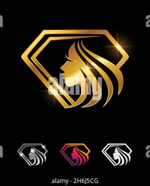 Un ensemble d'illustrations vectorielles de Golden Beauty Diamond Frame Vector Sign sur fond noir avec effet brillant doré pour logo royal et de luxe Illustration de Vecteur