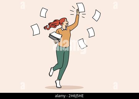 Concept multitâche et travail.Jeune femme souriante personnage de dessin animé marchant dans le bureau collectant des feuilles de papier volantes avec des tâches illustration vectorielle Illustration de Vecteur