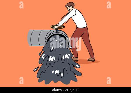 Lutte contre le concept de déchets d'huile. Jeune homme stressé essayant de fermer le tuyau avec courir les déchets de produits d'huile noirs de l'illustration vectorielle Illustration de Vecteur